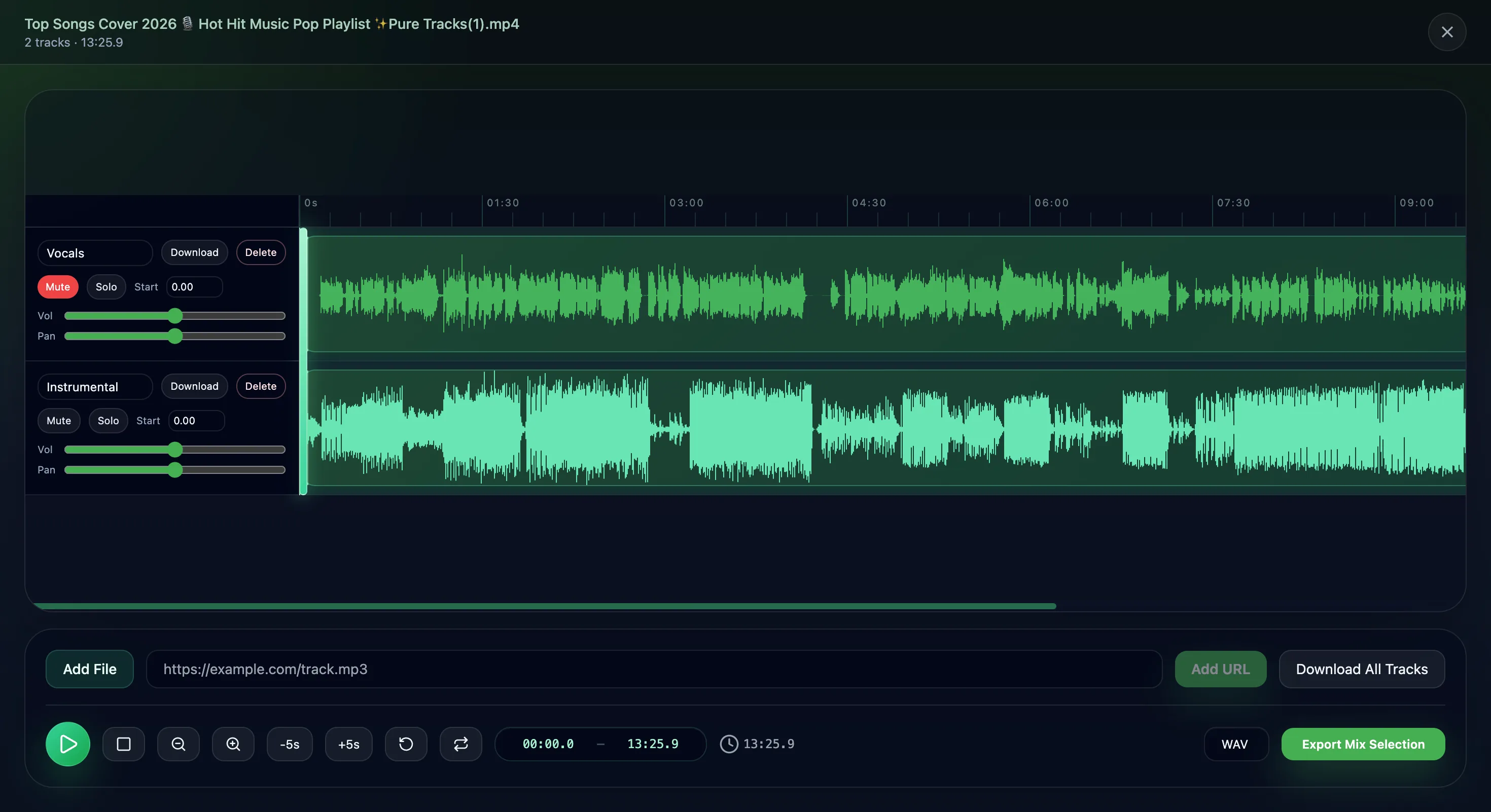 AudioCut Vocal Remover — browser-based multitrack editor with vocal + instrumental tracks
