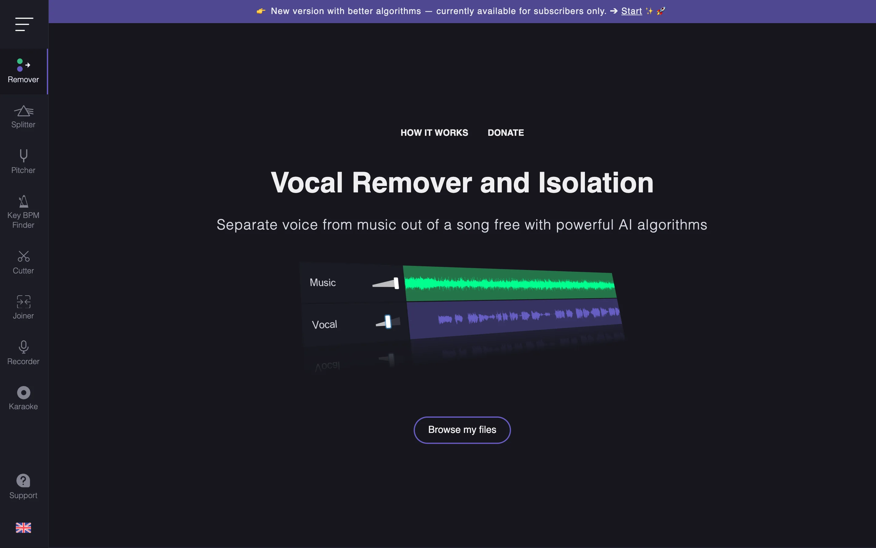 vocalremover.org — minimalist vocal remover interface