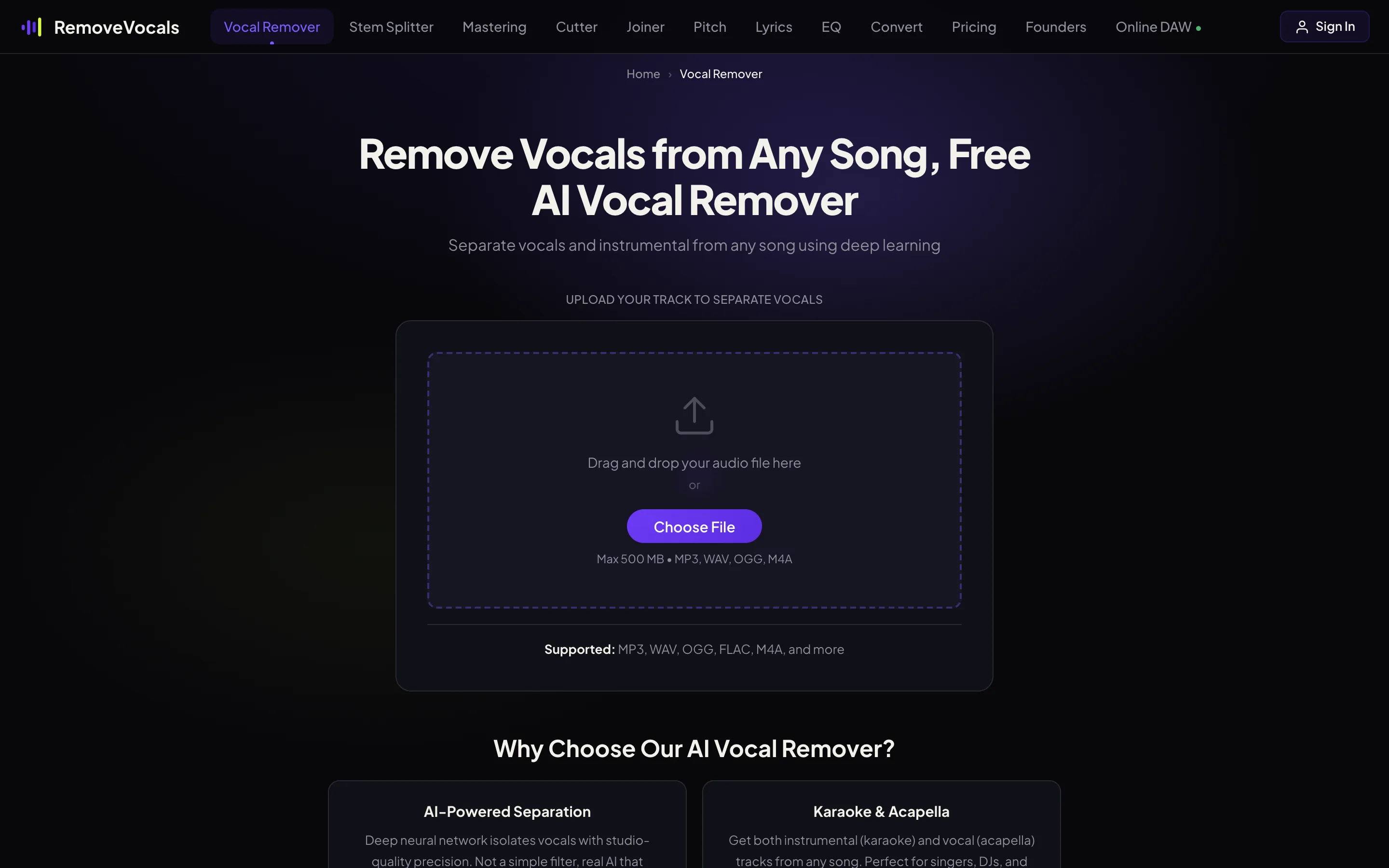 RemoveVocals.ai — local browser processing, privacy-first vocal remover