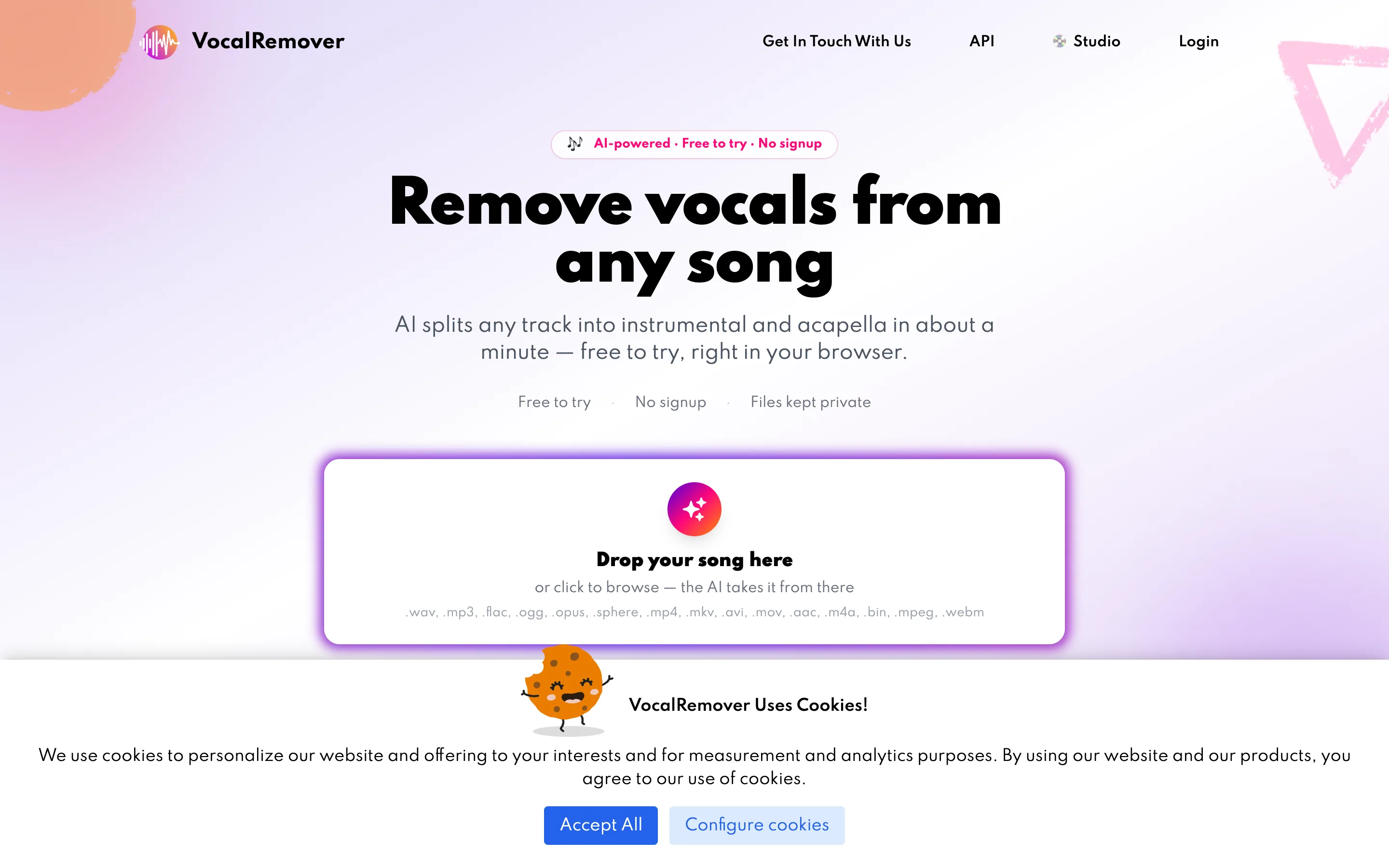 vocalremover.com — AI-powered vocal isolation with drag-and-drop upload