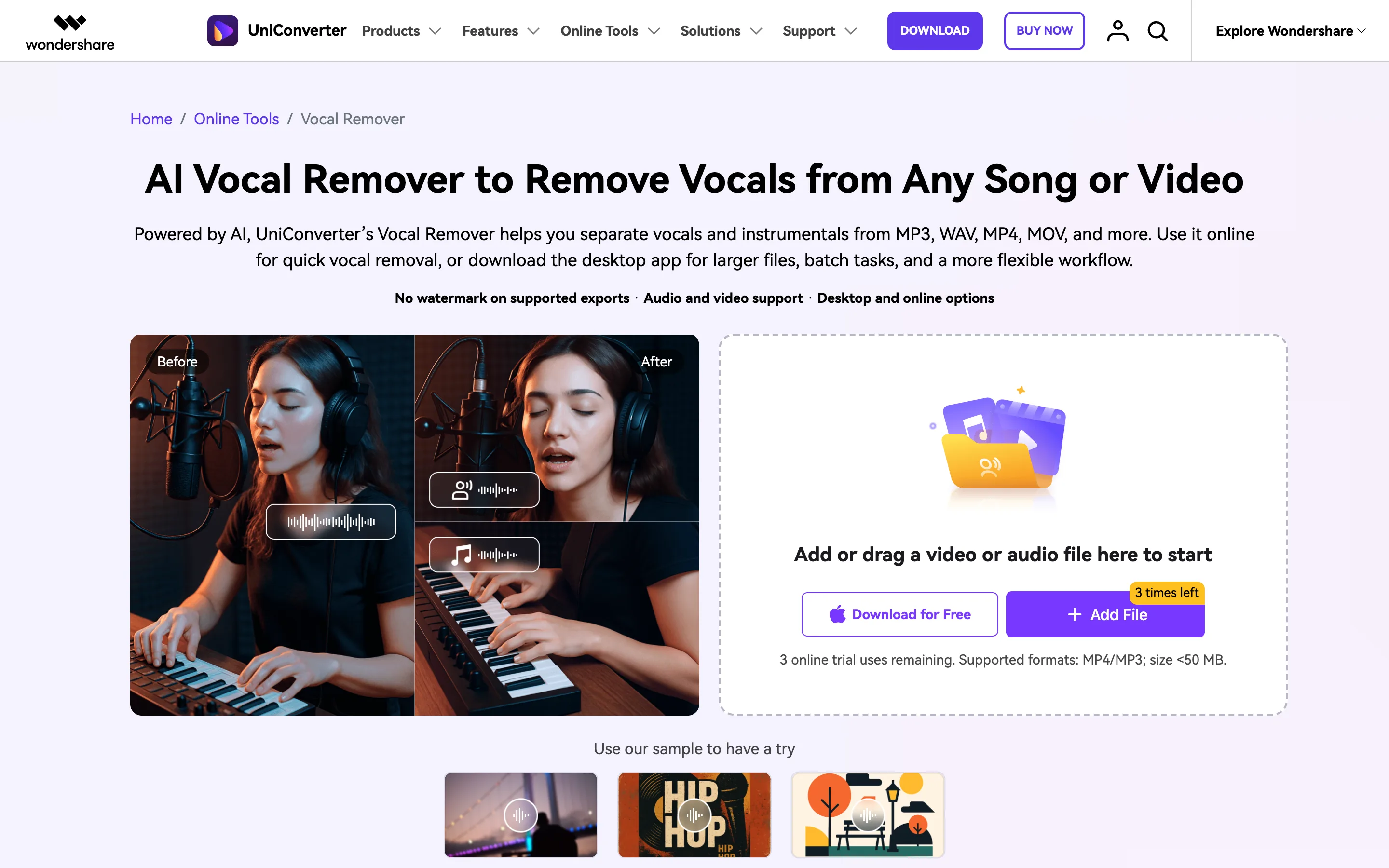 Wondershare UniConverter — desktop + online vocal remover with before/after preview