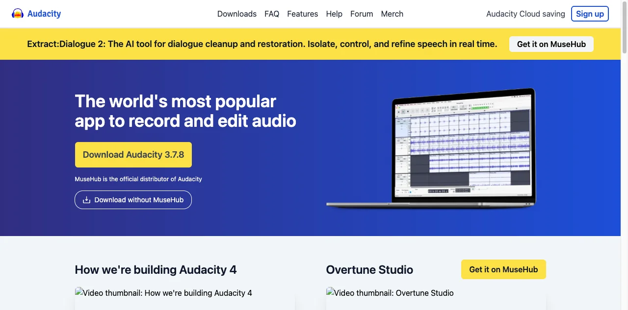 Audacity free open-source audio editor homepage with the orange waveform logo