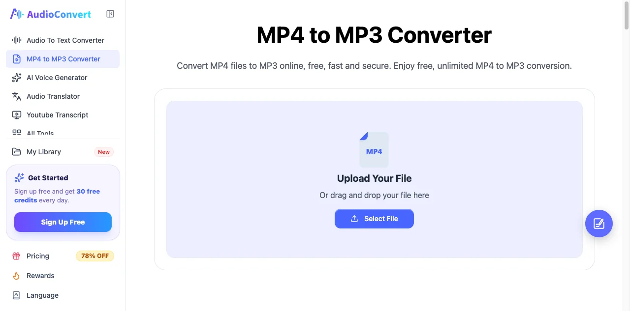 AudioConvert.ai MP4 to MP3 converter page with a clean three-step upload, convert and download flow