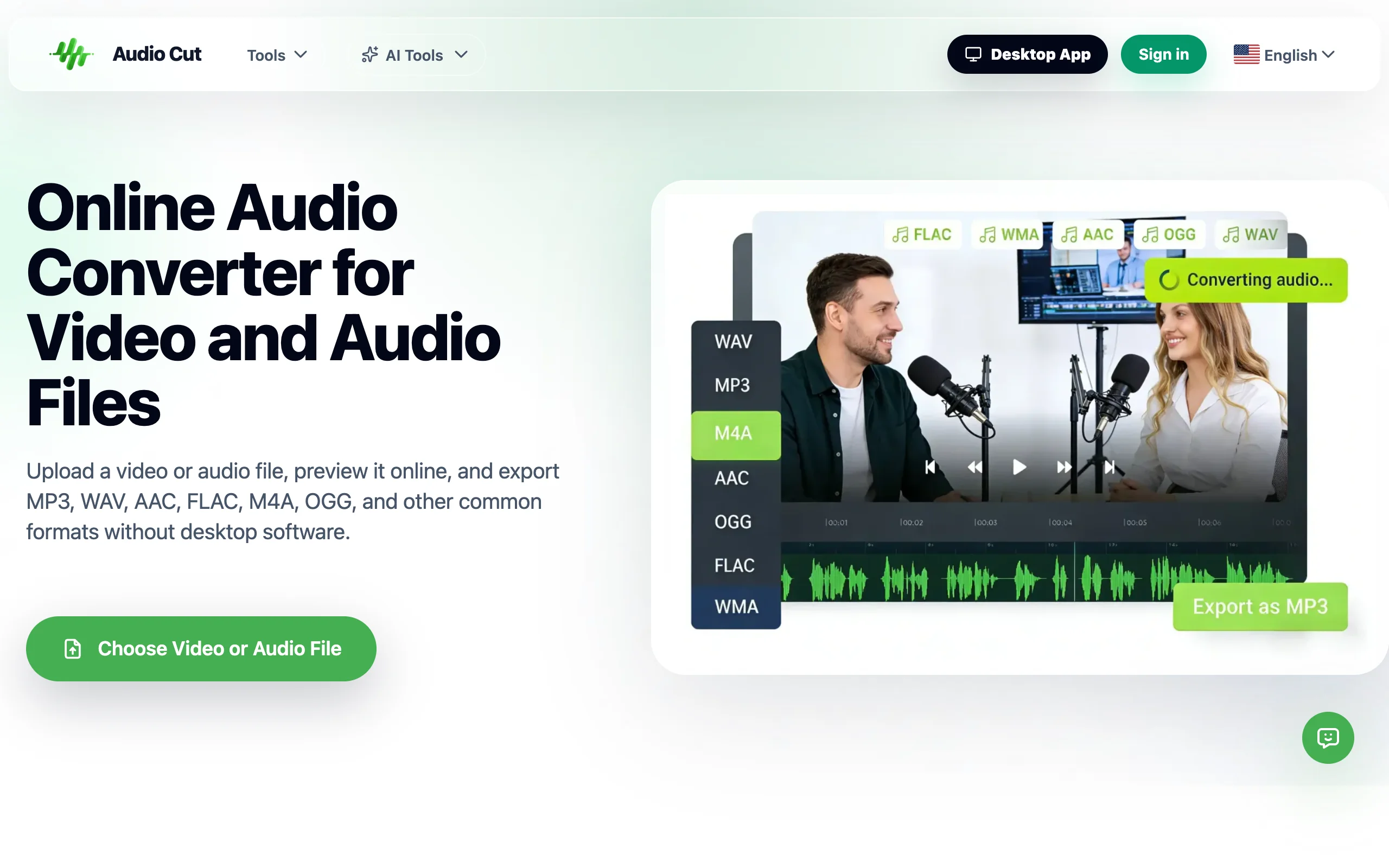 AudioCut Audio Converter online tool interface with format selection and video to audio extraction