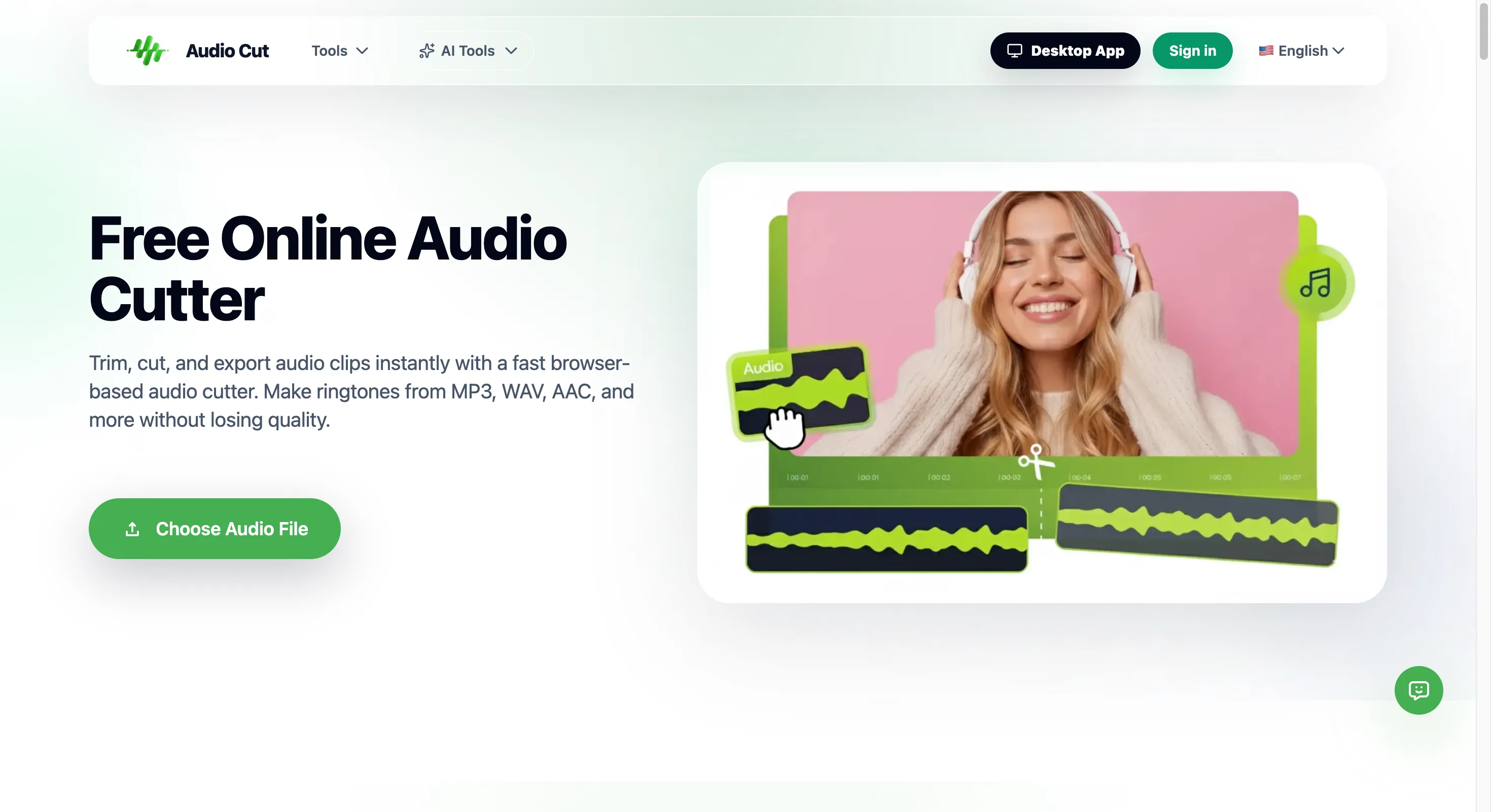 AudioCut free online audio cutter interface showing waveform and fade controls