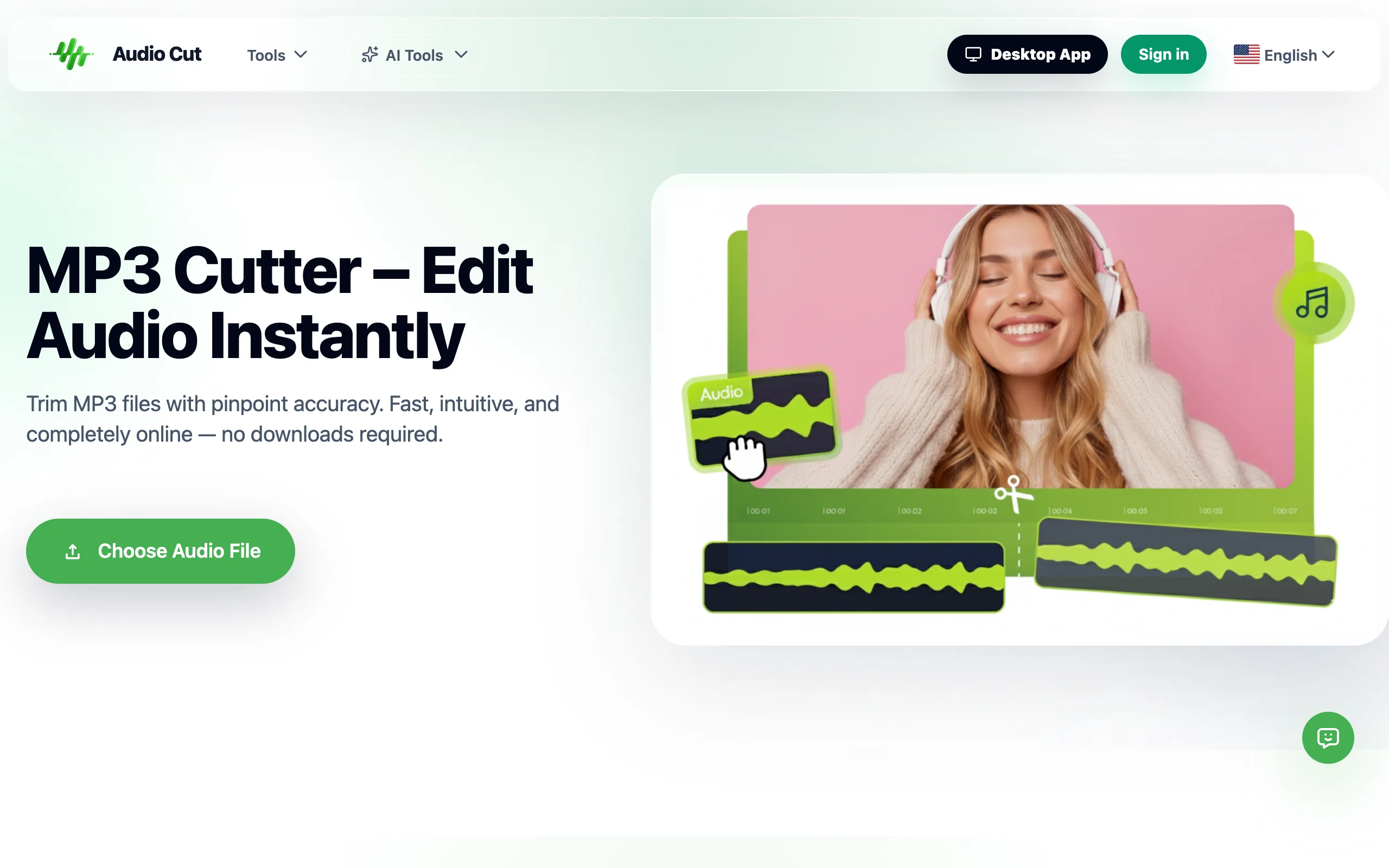 AudioCut MP3 Cutter online tool interface with waveform editor and drag handles