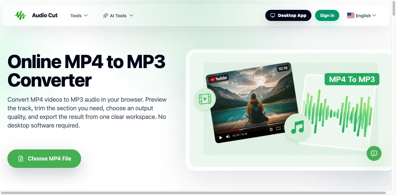 AudioCut MP4 to MP3 tool page showing the upload area, trim handles and bitrate selector