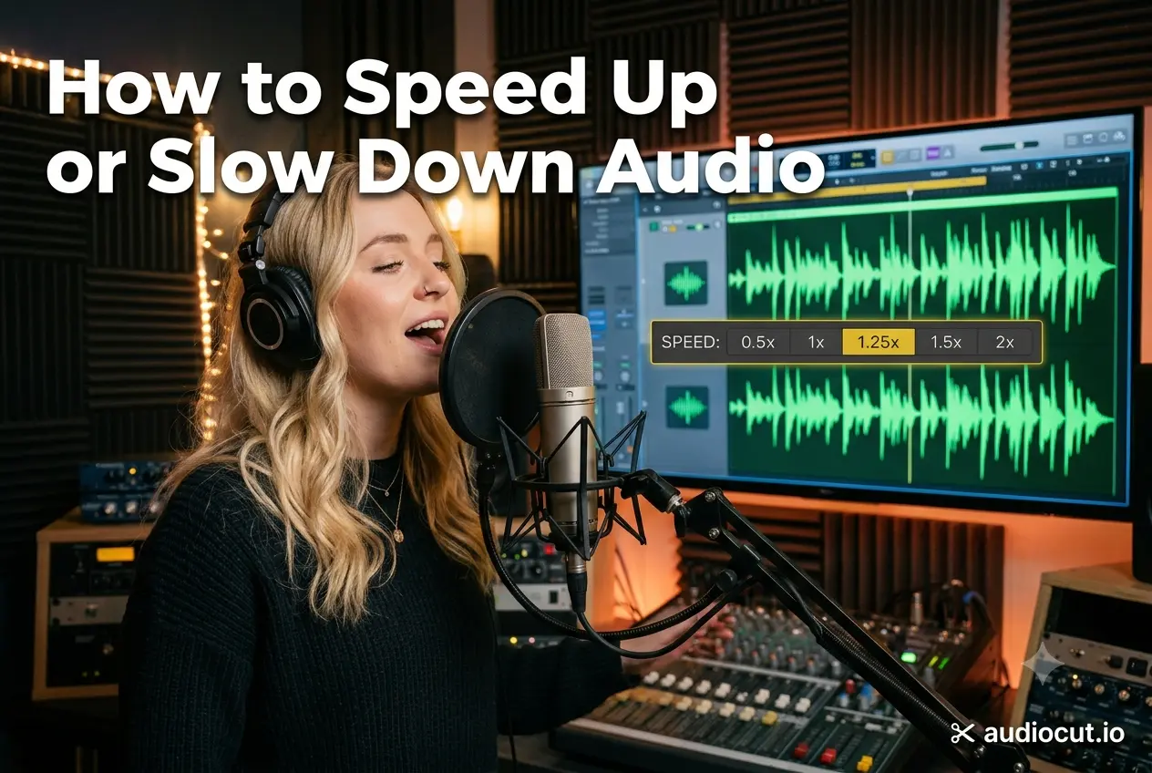 AudioCut audio speed changer editor interface showing speed preset selection and preview controls
