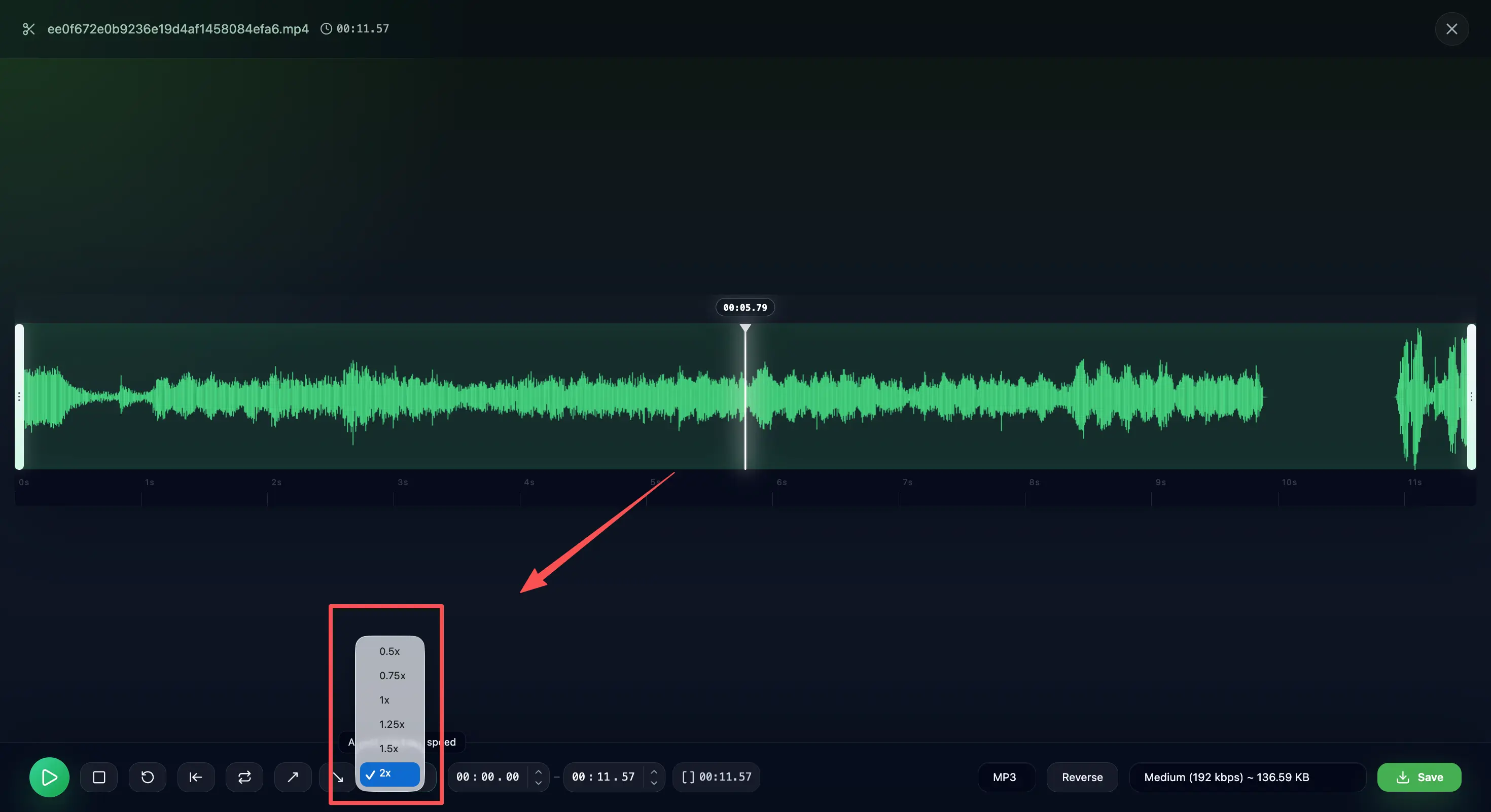 AudioCut six built-in speed presets from 0.5x to 2x to speed up or slow down audio