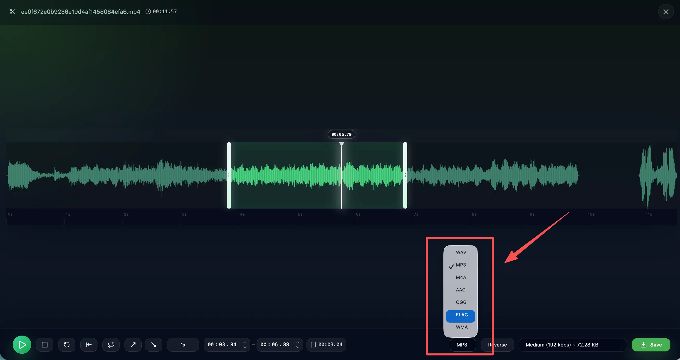 AudioCut export button to download speed adjusted audio file