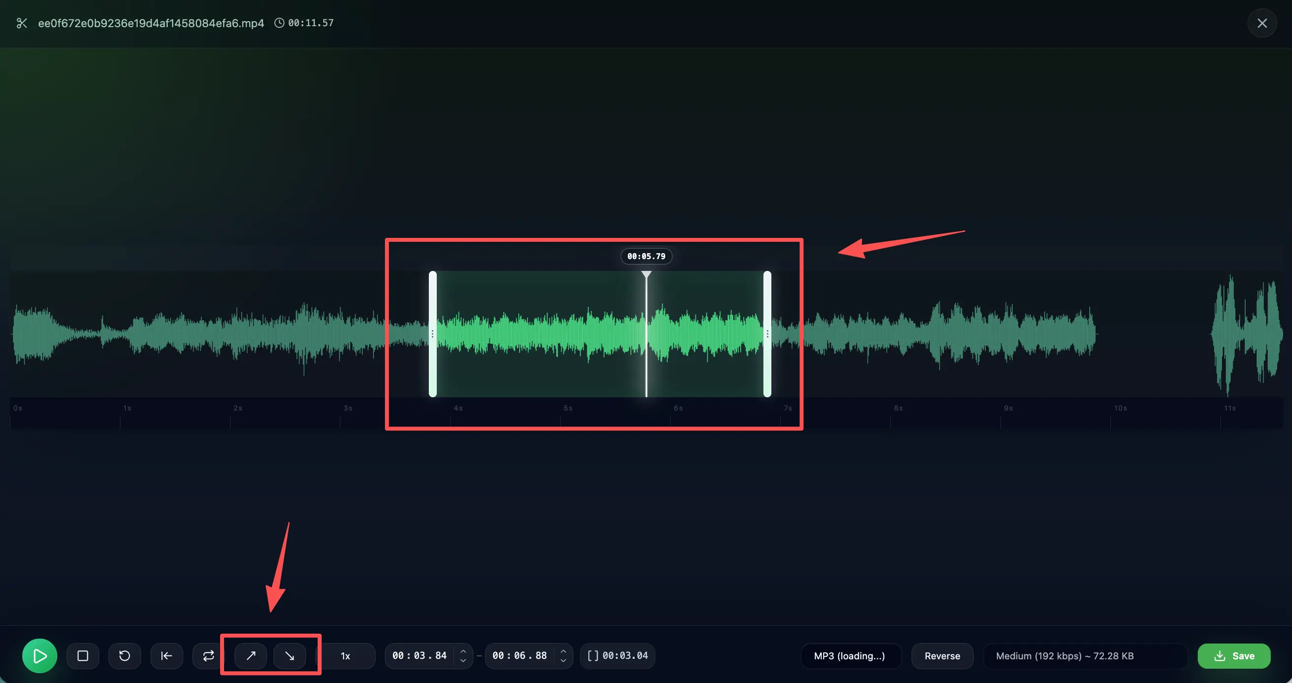 AudioCut preview playback controls for testing speed up audio before export