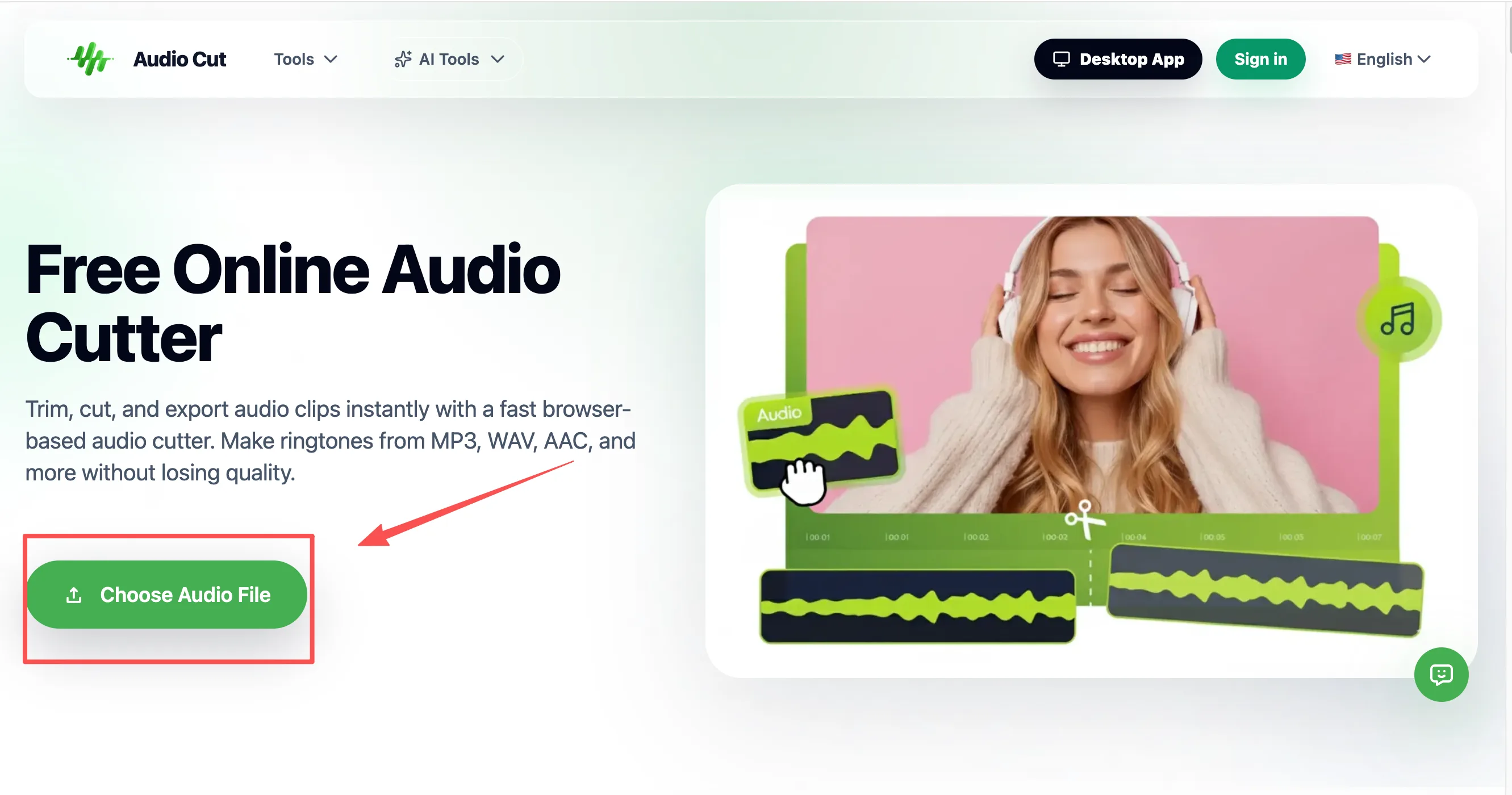 AudioCut free online audio cutter uploading file for local browser processing