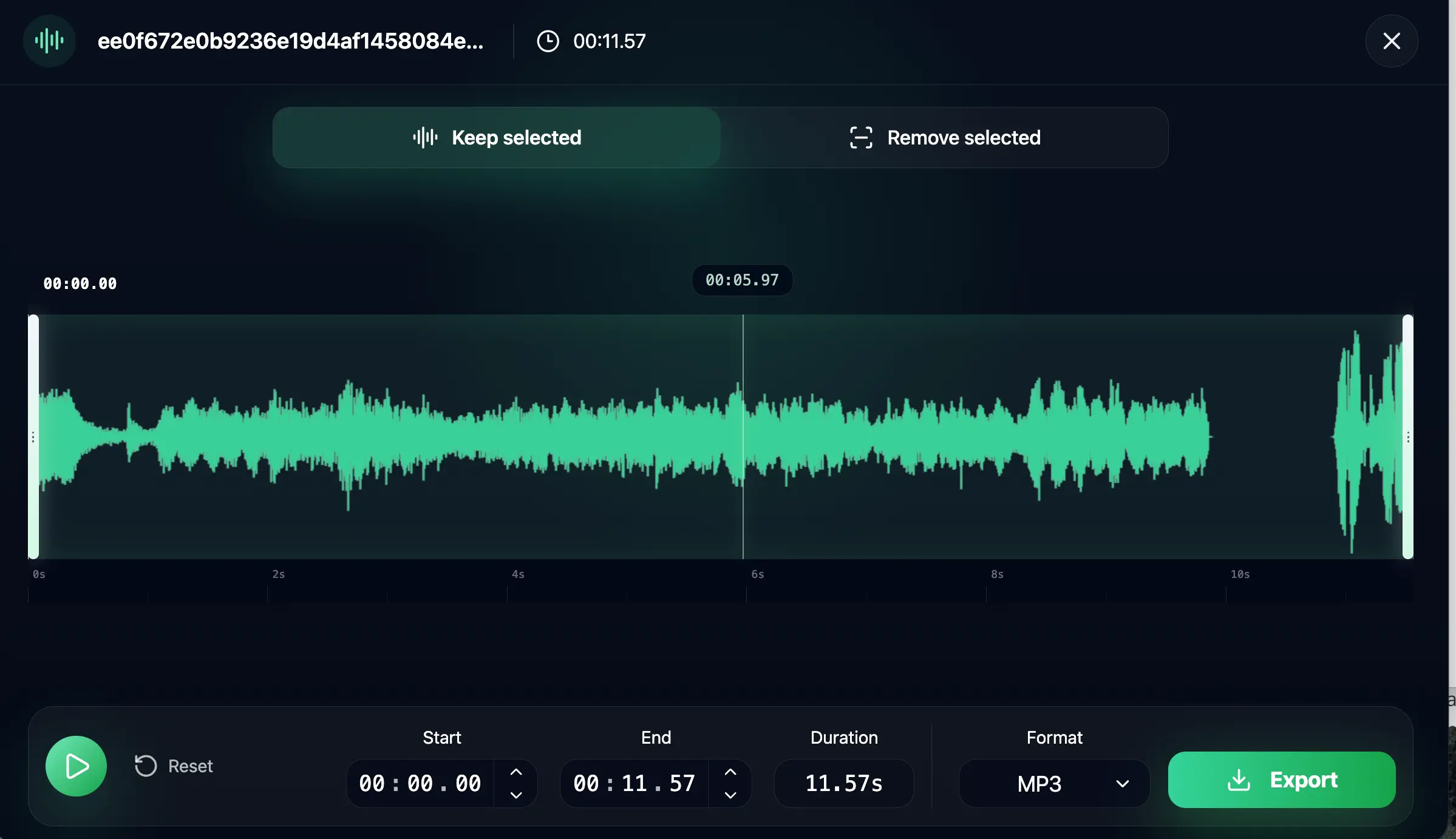 AudioCut waveform editor with split tool showing section selection for partial audio speed change
