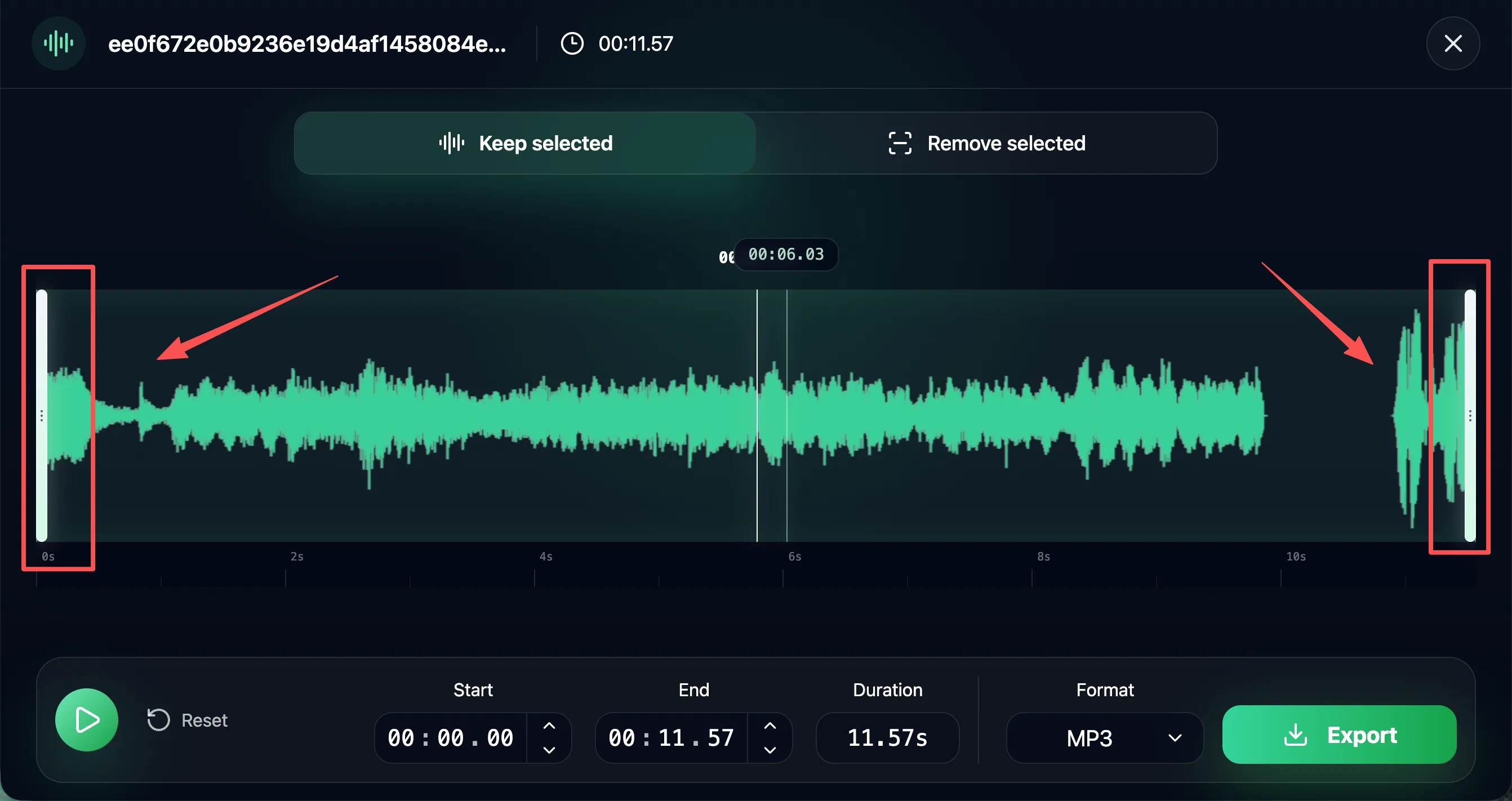 AudioCut waveform editor with drag handles and fade in out controls