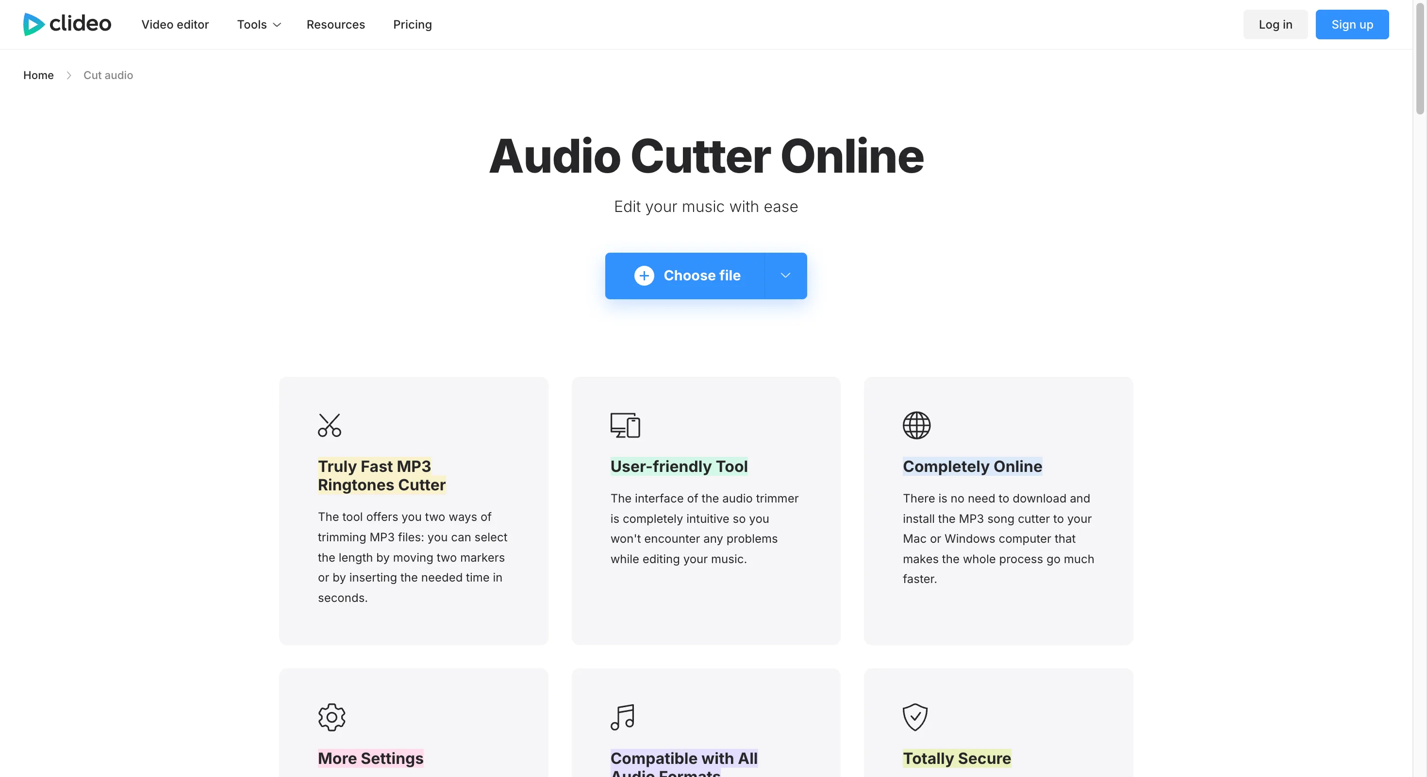 Clideo online audio cutter and trimmer interface with 500 MB upload limit