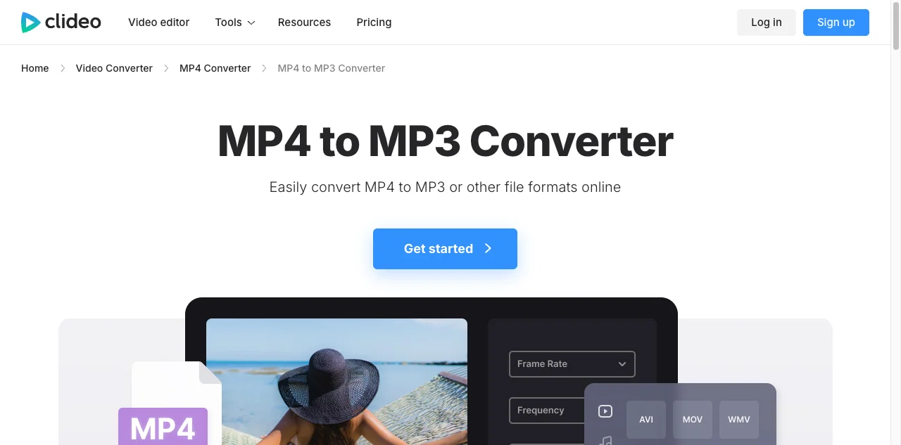 Clideo MP4 to MP3 converter page with a clean three-step flow and the blue upload button