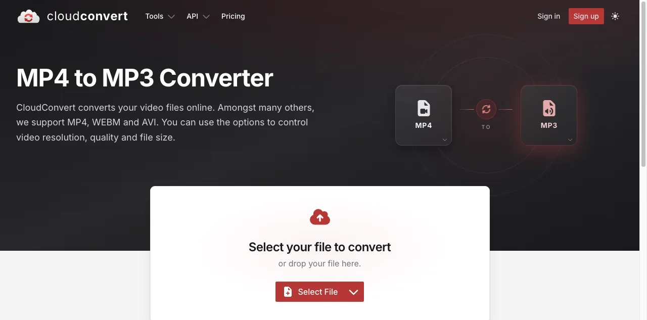 CloudConvert MP4 to MP3 converter page with format selection, quality slider and cloud-drive import options