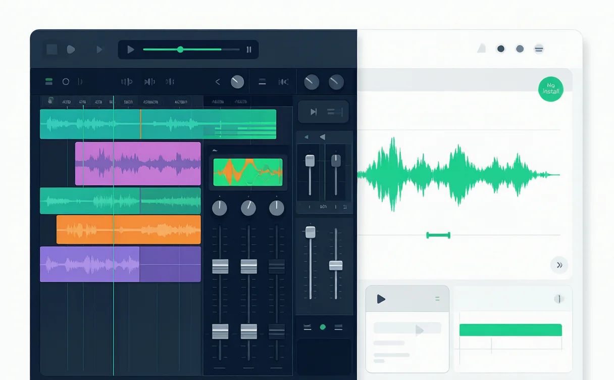 Comparison of a multi-track DAW timeline versus a single-file online audio editing workflow