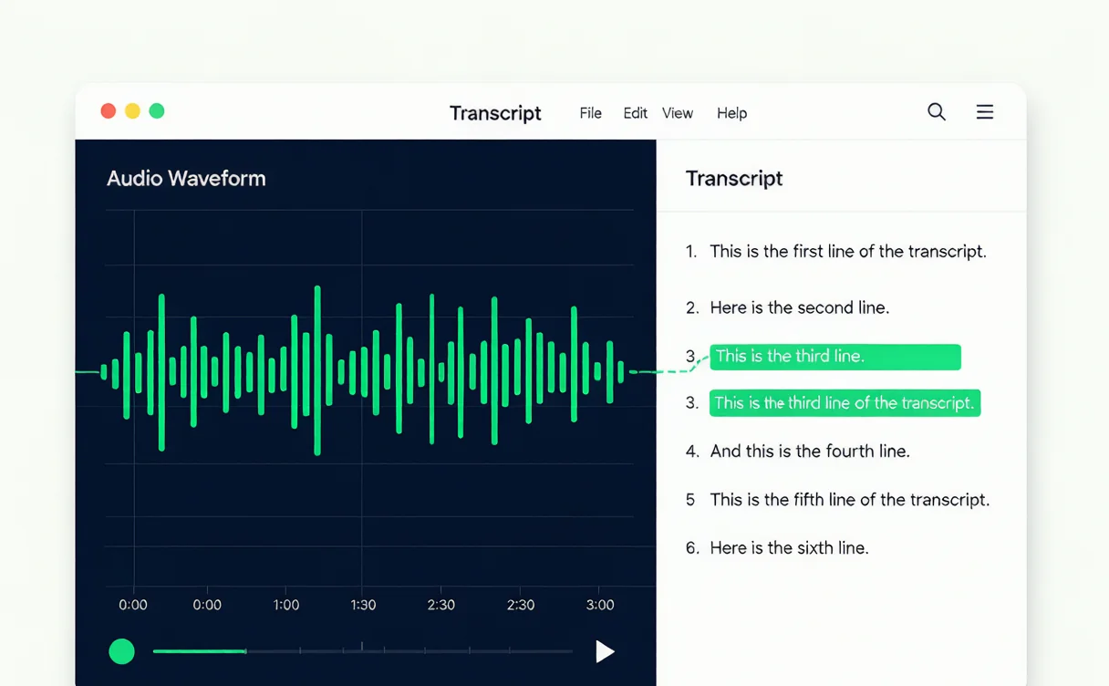 Descript transcript-based audio editing view linking text to a synced waveform