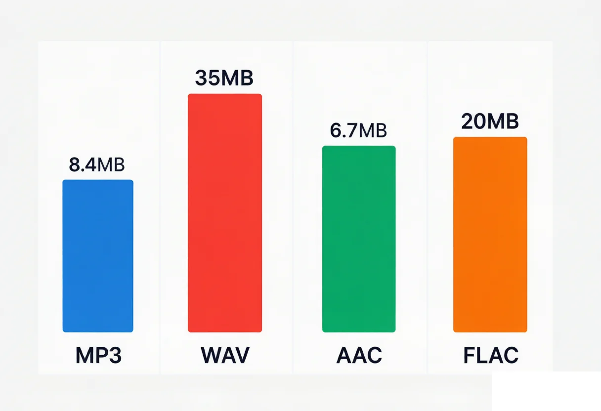 MP3 vs WAV vs AAC vs FLAC file size comparison bar chart for 3.5 minute song