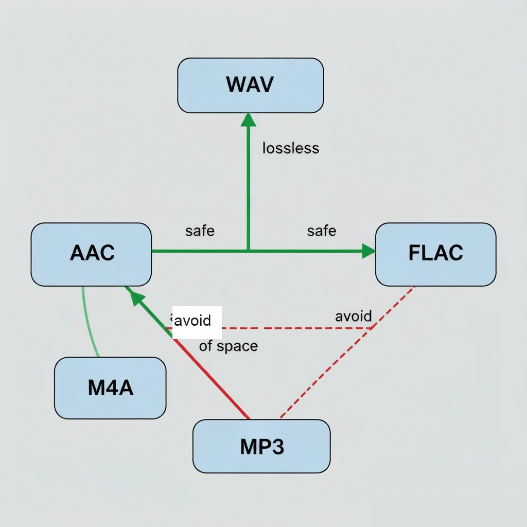 Audio format conversion flowchart showing safe paths from WAV and avoid paths between lossy formats