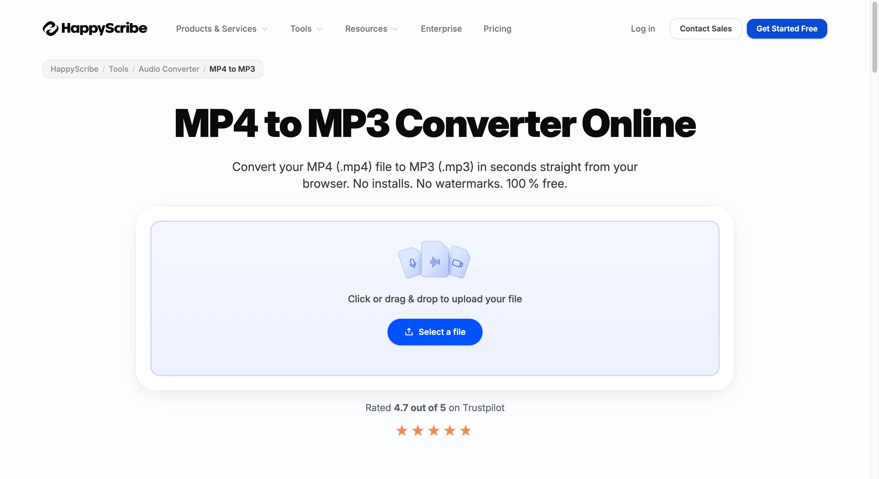 HappyScribe MP4 to MP3 converter page — clean three-step flow with click-or-drag upload area, no installs and no watermarks, rated 4.7 out of 5 on Trustpilot