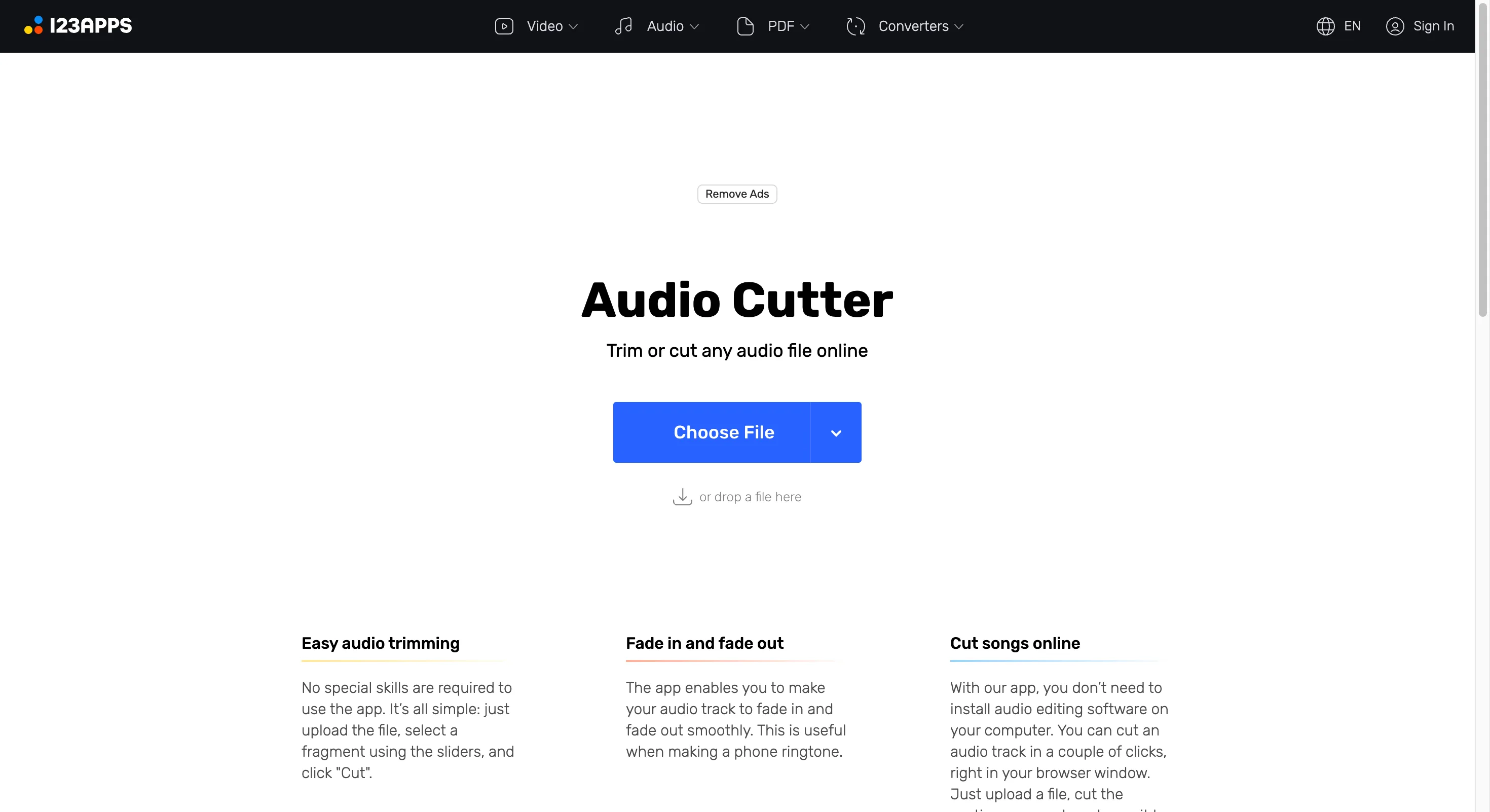 MP3Cut.net free online audio cutter and trimmer interface with slice markers