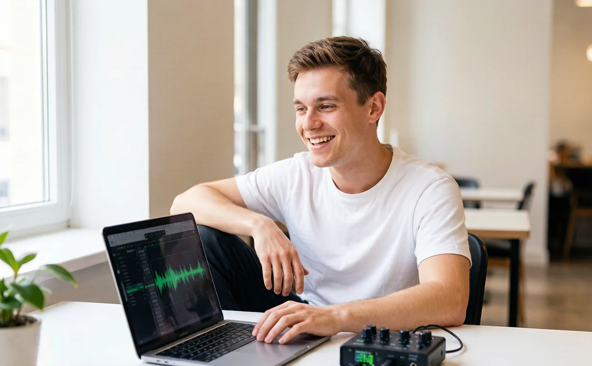 Creator trimming audio on a laptop using a no-download online audio editing tool