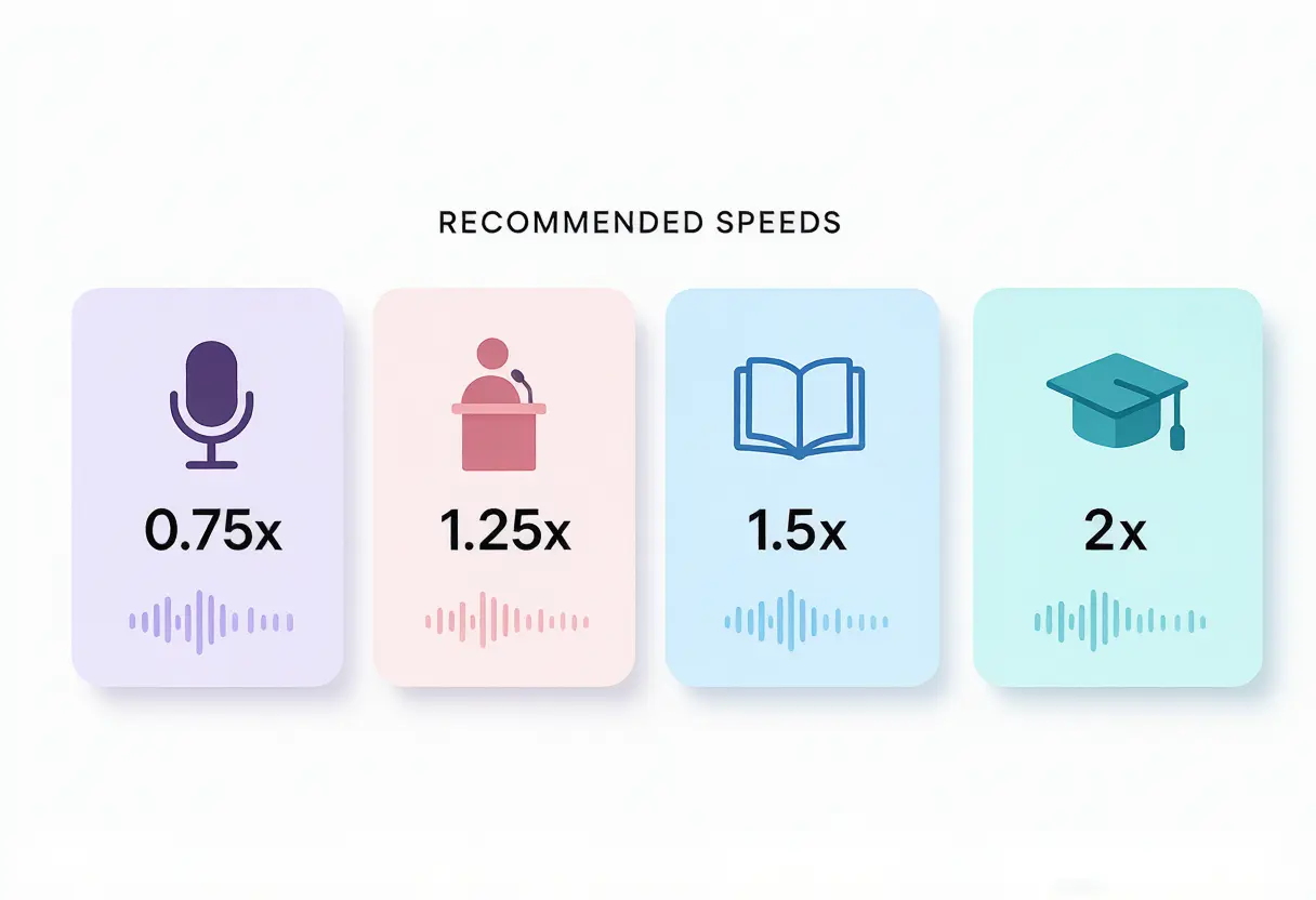 AudioCut recommended speed comparison for podcasts lectures and audiobooks with playback speed presets