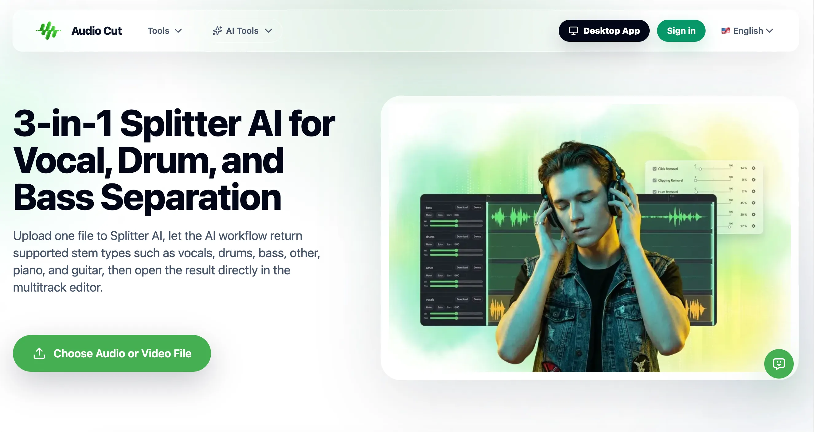 AudioCut AI vocal remover splitting song stems in multitrack editor