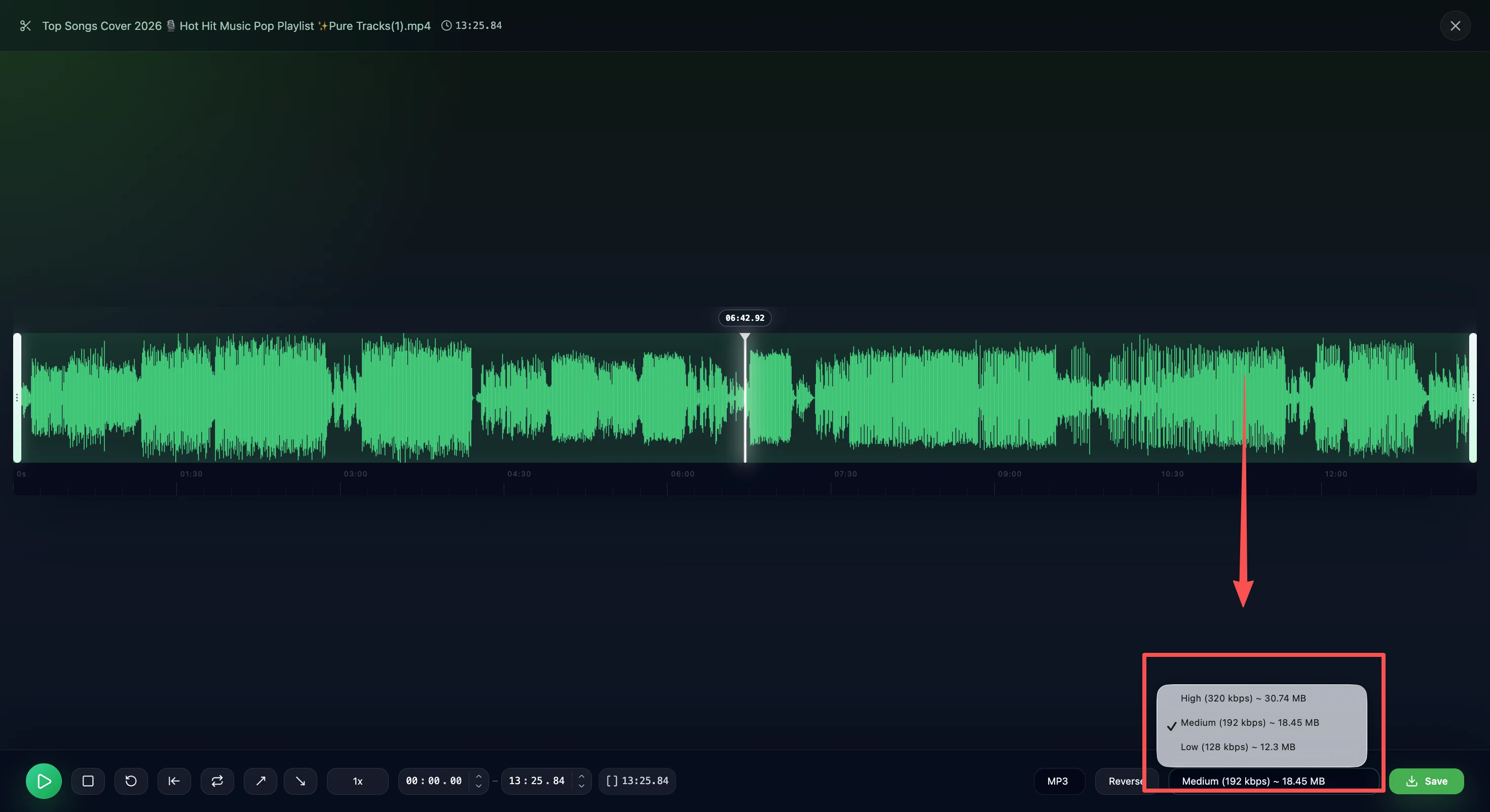 Step 2: Waveform view with start/end handles around the 06:42:02 mark, and the bitrate dropdown open showing High 320 kbps 30.74 MB, Medium 192 kbps 18.45 MB (selected), Low 128 kbps 12.3 MB