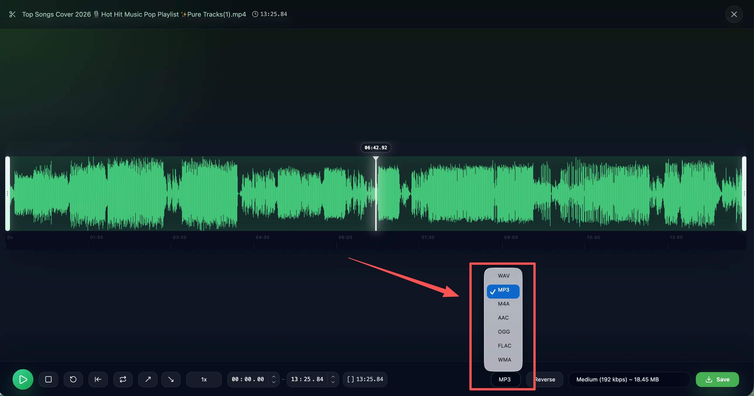 Step 3: Output format dropdown open showing MP3 selected with other options WAV, M4A, AAC, OGG, FLAC, WMA listed — confirm MP3 is highlighted then click the green Save button at the bottom right